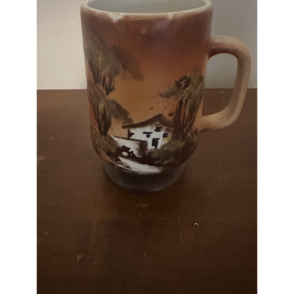 Vintage 1970s Pedestal Coffee Mug Made in Portugal Hand Painted Barn Mill Brown